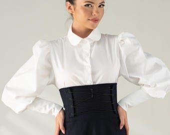 White Cotton Edwardian Blouse with Bishop Sleeve, Collared Victorian Shirt