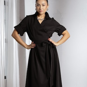 Elegant Black Dress, Maxi Wrap Dress, Black Funeral Dress, Midi Dress with Bow