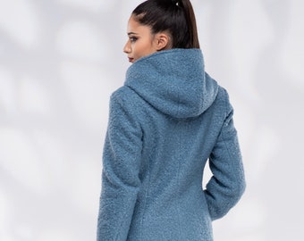 Wool Coat Women, Short Hooded Coat with Zipper