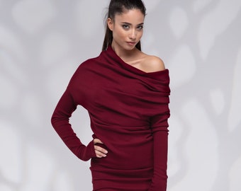 Mini Sweater Dress, Off Shoulder Sexy Dress, Burgundy Winter Dress for Women