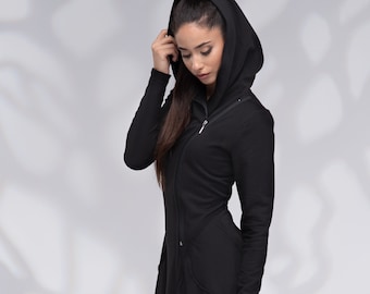 Maxi sweatshirtjurk, lange hoodiesweatshirtjurk, jurk met capuchon en zakken, ritsjurk, lange mouw