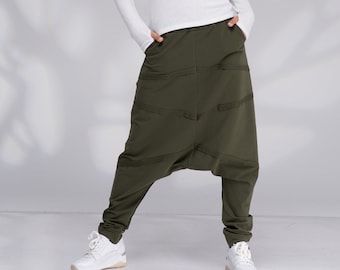 Womens Harem Pants, Khaki Drop Crotch Pants, Baggy Pants, Sport Pants, Low Crotch Pants