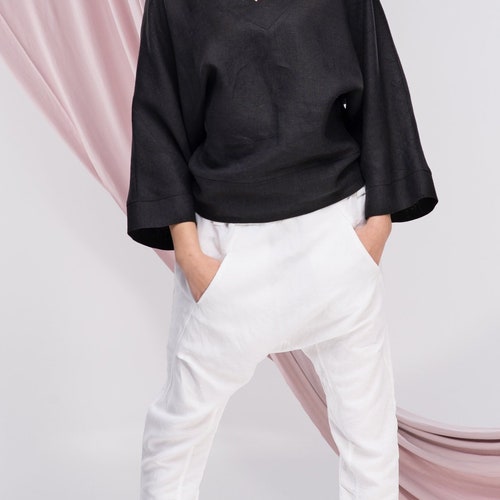 Linen Harem Pants Women, Drop Crotch Pants