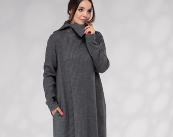 Winter Maxi Sweater Turtleneck Dress, Wool Long Knit Dress Plus Size