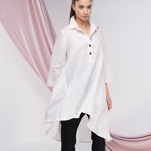 White Linen Tunic Shirt, Long Linen Tunic Tops for Women