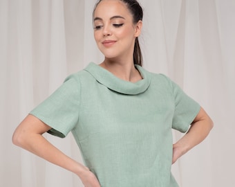 Linnen sjaalkraag blouse met korte mouwen, linnen top grote maten