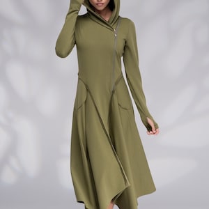 Vestido con capucha, vestido con capucha de invierno, vestido asimétrico verde oliva