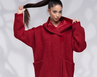 Wool Coat Women, Winter Hooded Coat with Lining, Oversized Short Red Coat for Women