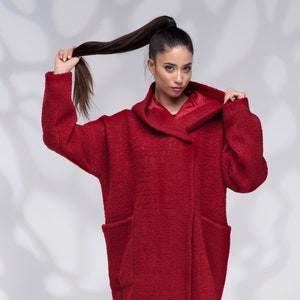 Wool Coat Women, Winter Hooded Coat with Lining, Oversized Short Red Coat for Women