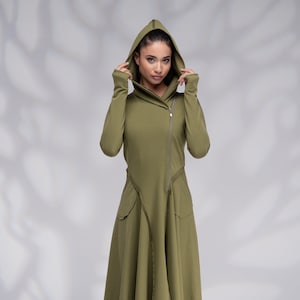Robe sweat-shirt à capuche, robe avant-garde avec capuche, robe à capuche zippée, robe asymétrique Olive