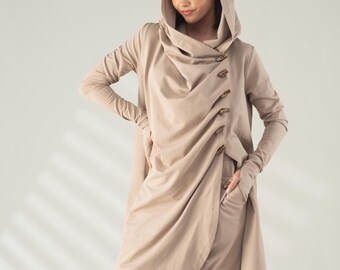 Long Hooded Cardigan Cotton, Fall Hoodie Sweatshirt Cardigan