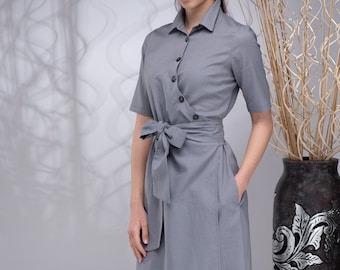 Linen Maxi Wrap Dress for Women, Button up Dress Linen, Boho Linen Dress Women, Linen Collar Dress, Linen Belt Dress