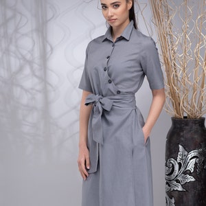 Linen Maxi Wrap Dress for Women, Button up Dress Linen, Boho Linen Dress Women, Linen Collar Dress, Linen Belt Dress