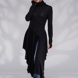 Asymmetrical Tunic Sweater, Black Long Tunic, Turtleneck Tunic, Casual Long Top with Thumb Hole Sleeve, Tunic Tops for Women