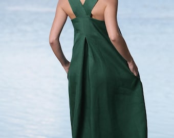 Womens Linen Sleeveless Maxi Dress, Cross Back Sundress, Square Neckline