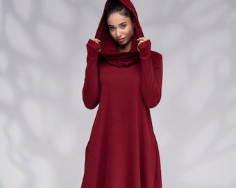 Hooded Sweatshirt Dress, Winter Maxi Dress with Cowl Hood, Long Hoodie Dress with Thumb Hole Sleeves, Elven Dress