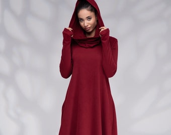 Hooded Sweatshirt Dress, Winter Maxi Dress with Cowl Hood, Long Hoodie Dress with Thumb Hole Sleeves, Elven Dress