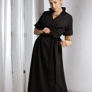 Black Maxi Wrap Dress, Long Elegant Dress, Black Funeral Dress