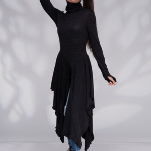 Black Long Asymmetrical Tunic, Turtleneck Tunic Sweater Women, High Low Tunic with Thumb Hole Sleeve