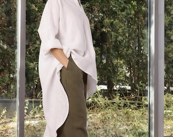 Langarm Leinen Tunika Asymmetrisch, Weißes Leinen Maxi Shirt
