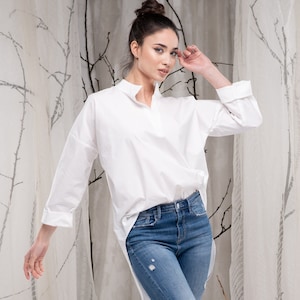 White Minimalist Asymmetrical Tunic for Women, Oversize White Shirt, Summer Loose Top, White Cotton Shirt