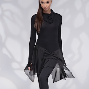 Women&#39;s Long Asymmetric Black Top, Tunics Plus Size, Black Blouse Women, Turtleneck Tunic, Thumb Hole, Womens Tunic