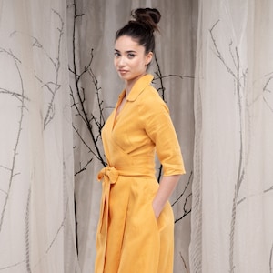Linen Maxi Wrap Dress, Long Linen Dress Women, Collar Wrap Dress,  Kimono Dress Linen with Long Sleeve