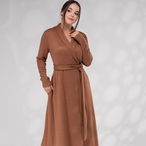 Winter Midi Sweater Dress, Wrap Maxi Dress, Knit Dress with Shawl Collar, Knit Elegant Dress