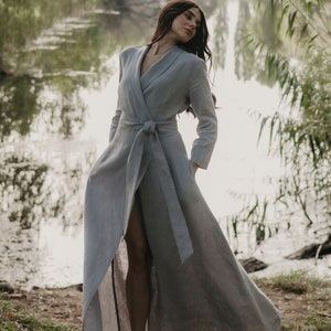 Long Linen Wrap Dress Long Sleeves, Linen Summer Maxi Dress, Shawl Collar Linen Dress Women, Maxi Linen Belt Dress