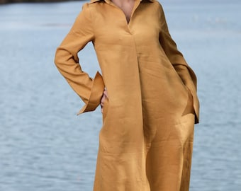 Linen Kaftan Maxi Dress, Mustard Long Shirt Dress with exaggerated cuffs