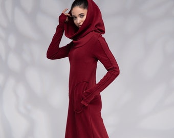 Hooded Sweatshirt Dress, Winter Maxi Dress with Cowl Hood, Long Hoodie Dress with Thumb Hole Sleeves, Elven Dress