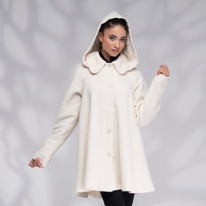 Wool Coat Hooded, Winter Coat Women, Swing Coat with Lining, White Hooded Coat, Short Warm Coat