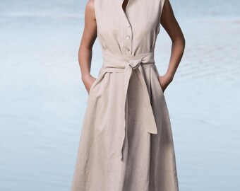 Organic Linen Maxi Dress Sleeveless, Side Pockets, One Pleat on the Back, Long Belt