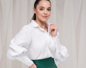 Linen Victorian Blouse White, Edwardian Bishop Sleeve Shirt