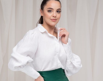 Chemisier victorien en lin blanc, chemisier édouardien lin, chemisier à manches bouffantes, chemise à manches longues, chemisier boutonné en lin, chemise à col en lin