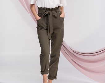 Linen High Waisted Pants, Linen Tapered Pants