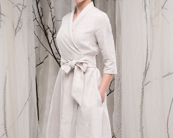 Linen Wrap Dress for Women, Summer Midi Dress with Shawl Collar