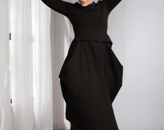 Black Avant Garde Winter Balloon Dress, Cotton Fleece Asymmetrical Dress