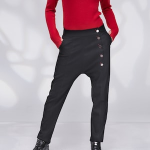 Haremshose Frauen, Wolle Hose mit tiefem Schritt, schwarze Haremshose, Pumphose, Wollhose, Winterhose