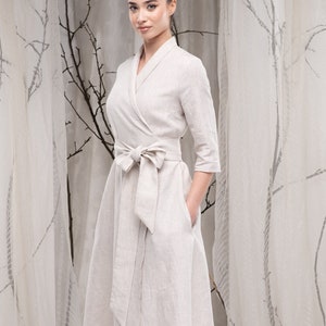Linen Wrap Dress for Women, Linen Wedding Dress, Linen Dress Midi, Shawl Collar Dress, Linen Kimono Dress