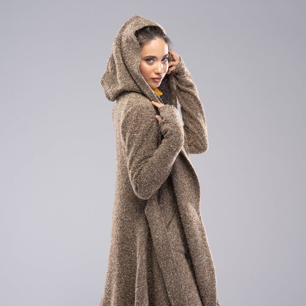 Hooded Cardigan Long Sweater Coat, Winter Cloak with Hood