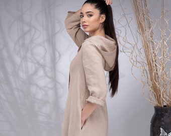 Hooded Linen Maxi Dress, Linen Kaftan Women, Linen Abaya, Long Linen Dress with Pockets, Linen Hoodie Dress