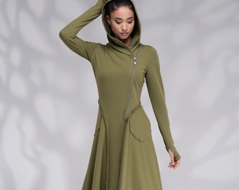 Hoodie Sweatshirt Dress, Hooded Maxi Dress, Long Hooded Dress, Maxi Sweatshirt Dress with Pockets, Zip Dress