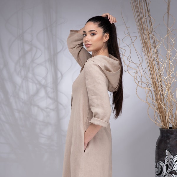 Robe longue à capuche en lin, caftan en lin pour femmes, abaya en lin, robe longue en lin avec poches, robe à capuche en lin