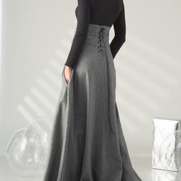 Falda larga de lana estilo victoriano para caminar en invierno, con cintura alta.