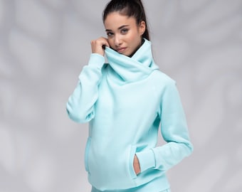 Cotton Sweatshirt for Women, Jogger Sweatshirt, Turtleneck Sweatshirt, High Neck Top, Warm Top, Loose Loungewear, Winter Top with High Color