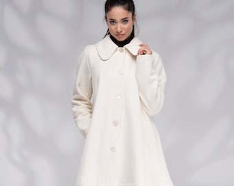 Wolle Swing Mantel Frauen, Wintermantel Plus Size, Weißer Mantel mit Futter, Kurzer Warmer Mantel