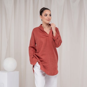 Long Sleeve Linen Shirt Women, Linen Tunic Tops for Women, Linen Blouse Women, Plus Size Linen Top, Summer Linen Shirt Rust