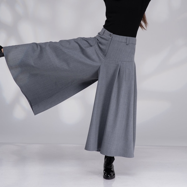 Wolle Culottes, Winter Hose mit weitem Bein, Wollhose, Rockhose, Wollhose Frauen, Graue Palazzohose