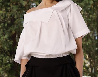 White Avant garde Cotton Poplin Shirt, Off Shoulder Top, Elegant Blouse Short Sleeve